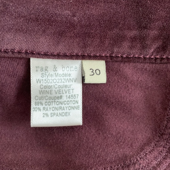 Rag&Bone burgundy velvet skinny pants. Size 30 - Picture 4 of 16